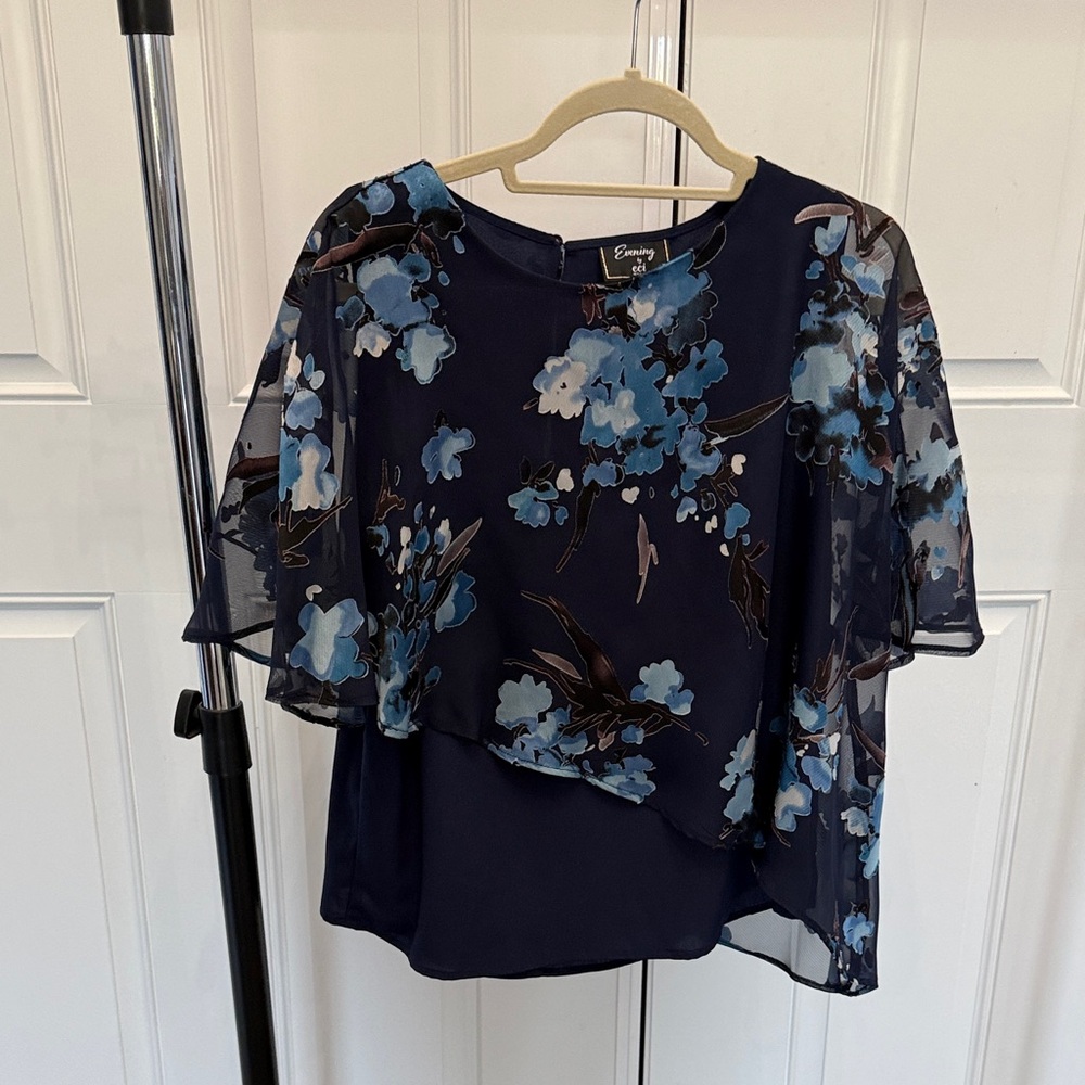ECI Navy Blue Floral Layered Chiffon Blouse